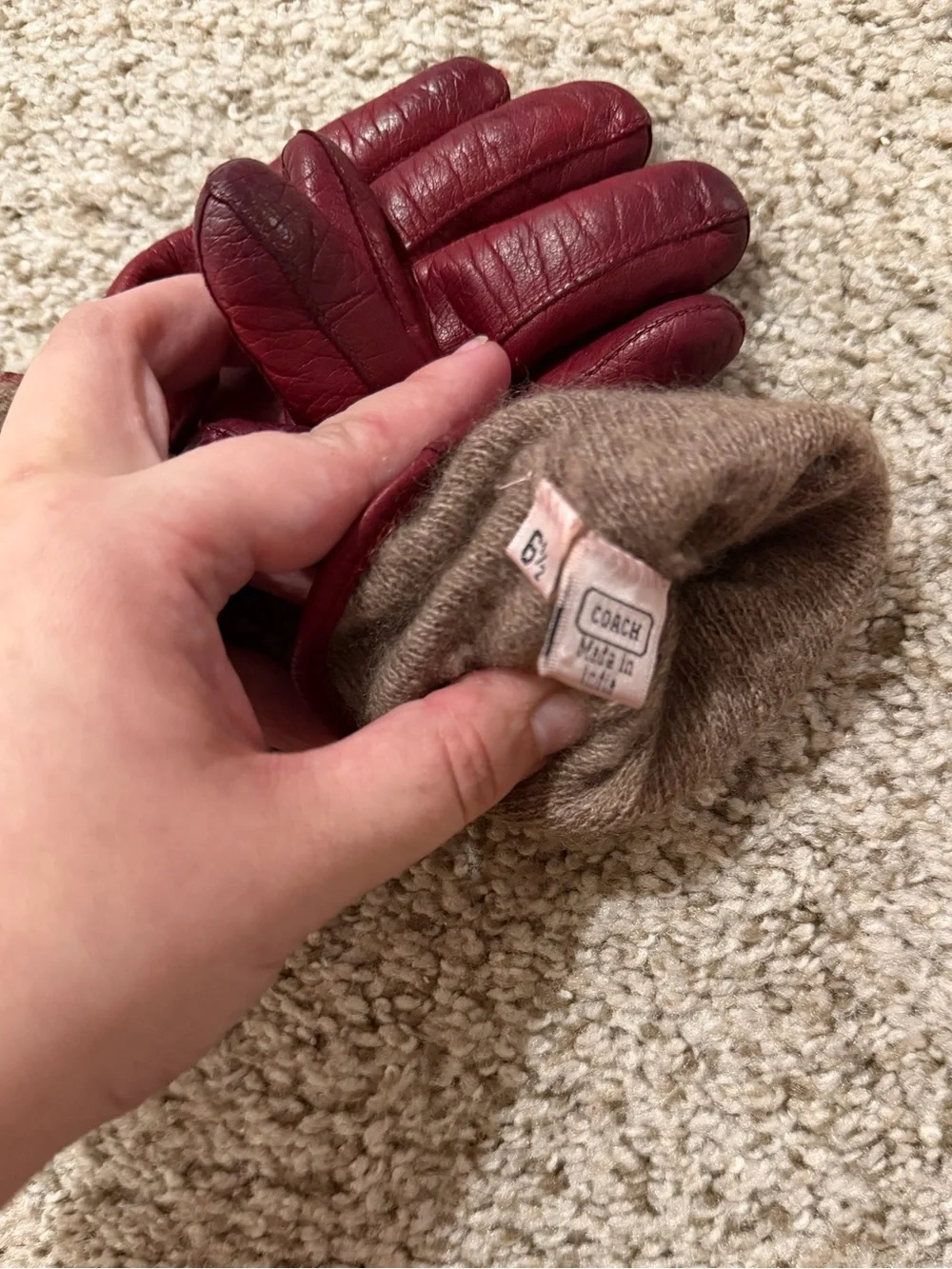 Vintage Coach Red Leather & Cashmere Women's Gloves with Gold Buckle